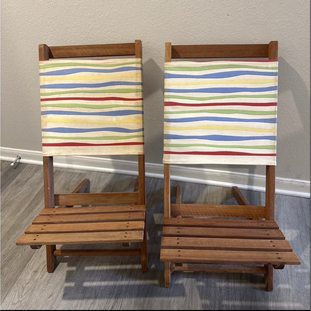 Vintage Wood 2pc Nesting Camping Chair Beach Easy Carry